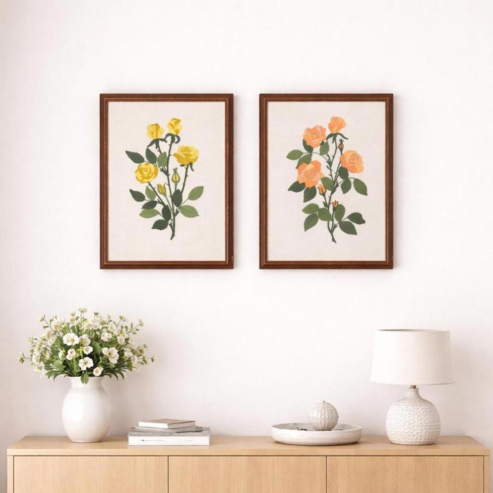 Vintage Needlepoint Floral Wall Art – Set of 2 Framed Botanical Embroideries